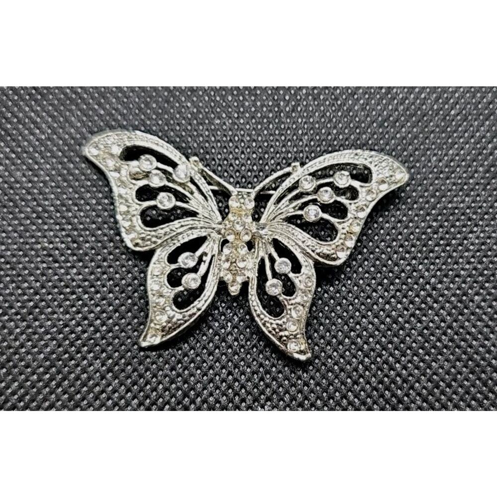 Butterfly Brooch Pin Silvertone with Clear Rhinestones